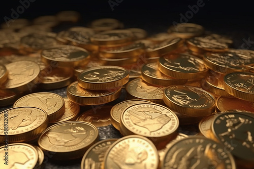 A close-up of a pile of gold coins, economic and financial concepts