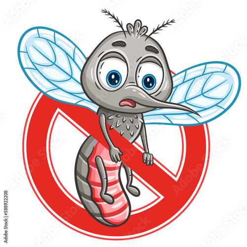 Anti mosquito bite, stop parasite insect sucking blood, garden pest control icon. Red prohibition sign. Cute malaria gnat bloodsucker flying character. Danger parasitic midge bug, insecticide. Vector