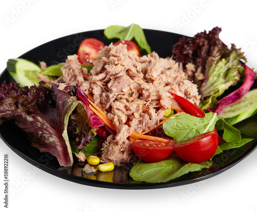 Tuna Salad on Black Plate Isolated White Background Close Up