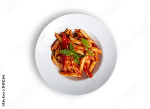Penne Arrabbiata Pasta With Tomato Sauce on White Plate Isolated White Background Aerial View
