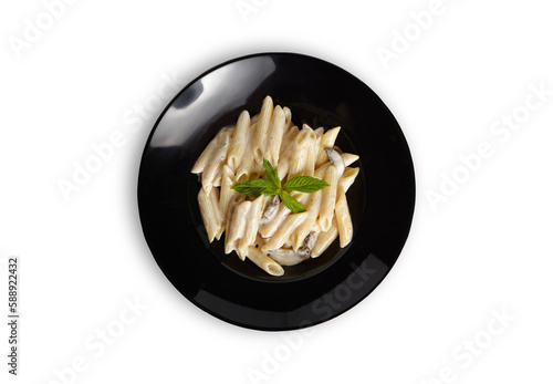 Penne Alfredo Pasta on Black Plate Isolated White Background