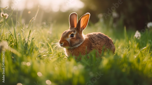 Rabbit in the grass. Cute eared bunny easter bunny banner. Generative AI