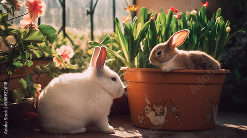 Two adorable rabbits playing hide and seek behind a flower pot. Cute eared bunny easter bunny banner. Easter rabbit.