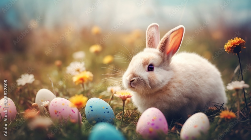 An easter bunny sitting in a field among flowers with colored eggs, Generative AI. An easter bunny sitting in a field among flowers with colored eggs, Generative AI.