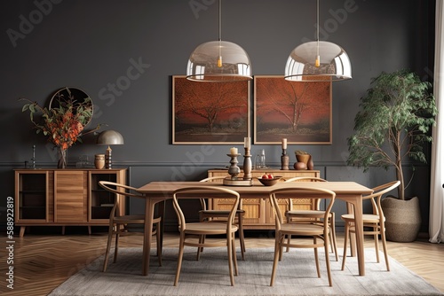 Vintage gray dining room with wooden cabinet and abstract paintings. Generative AI