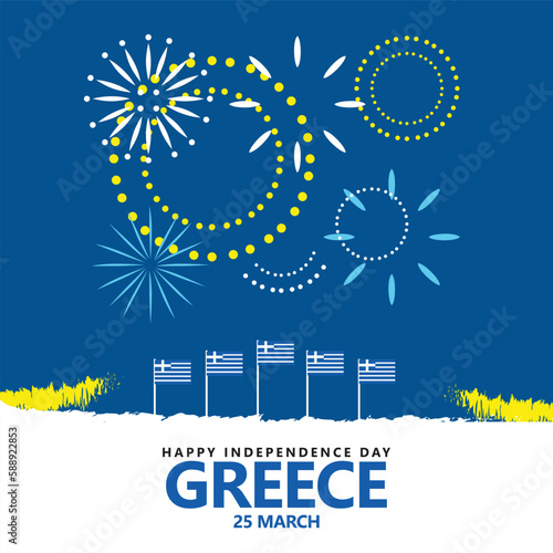 Greece independence day vector celebration illustration with national flag and fireworks.