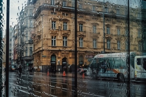 images reflected from the windows of the buildings, going out on the city streets on a rainy day Generative AI