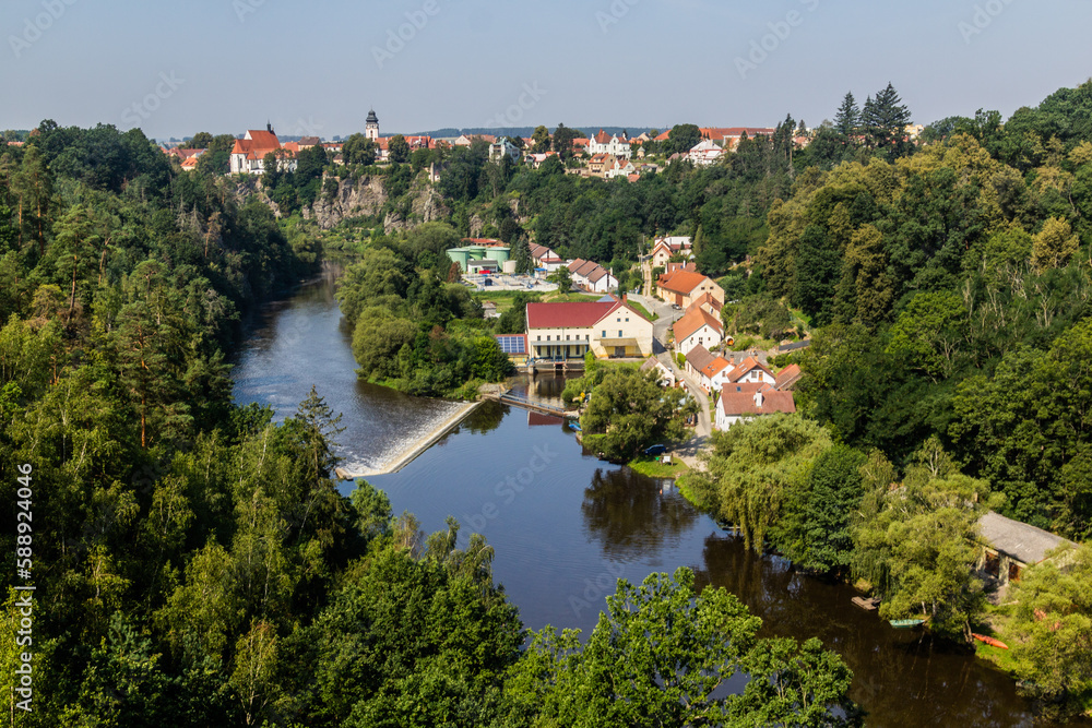 Aerial view of Bechyne town and Luznice river, Czech Republic