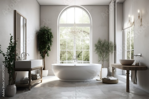 Interior of a modern bathroom in a mansion. bathroom design in white. Generative AI © 2rogan