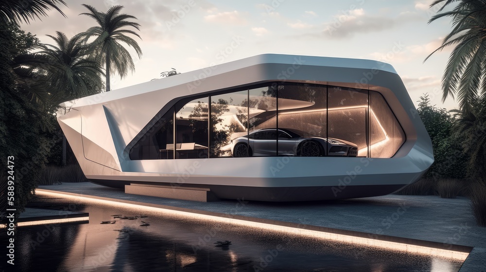 Discover the Future of Clean Living with a Smart, Minimalist Home Equipped with Self-Cleaning Surfaces and a Sleek Autonomous Vehicle, Generative AI