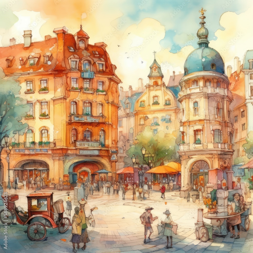 A Watercolor  Lively City Square Generative Ai