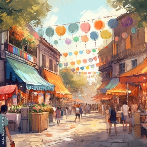 A Watercolor Lively Street Festival Generative Ai