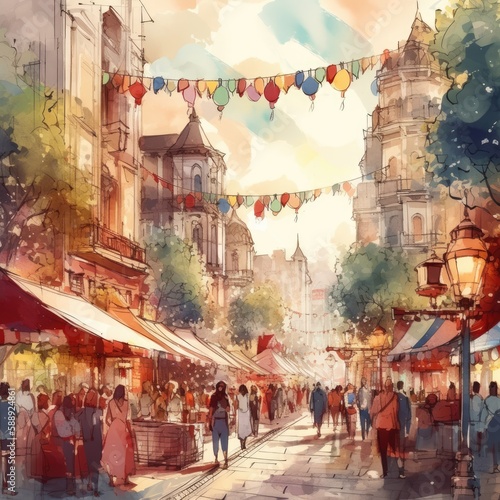 A Watercolor Lively Street Festival Generative Ai