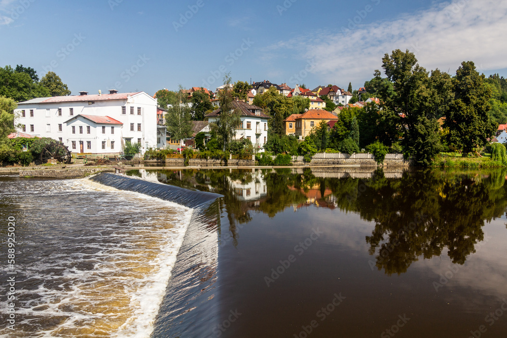 Vesely weir at Luznice river with a former mill in Tabor city, Czech Republic