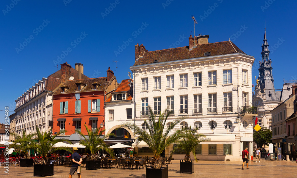 Scenic view of historic houses in Sens commune in north-central France on sunny summer day