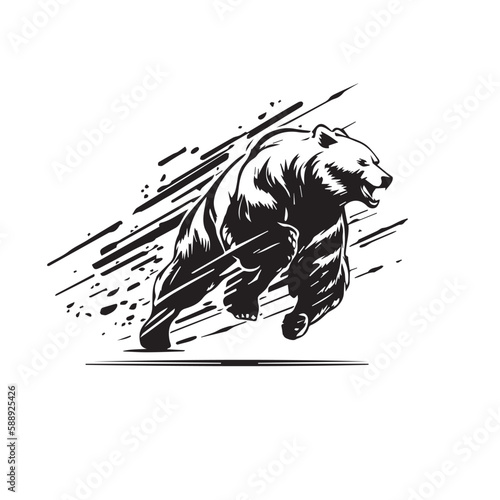 Angry running grizzly bear mascot. black white line art vector illustration
