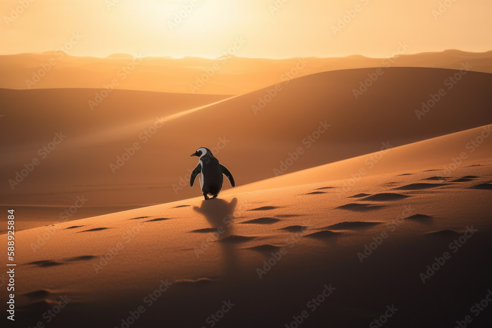 The penguin walking in the desert, a metaphor for the loneliness and helplessness of animals in the face of climate change and global warming,Generative AI