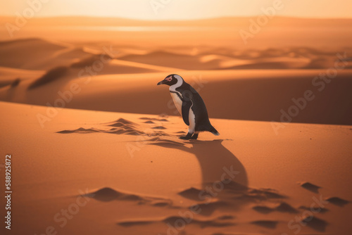 The penguin walking in the desert looking for water and food  a metaphor for the loneliness and helplessness of animals in the face of climate change and global warming Generative AI