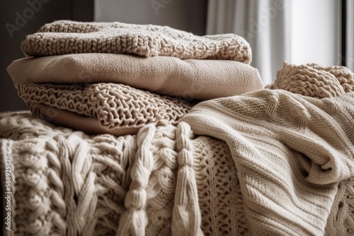 delicate knit beige blankets on white. Modern Scandinavian boho details. Generative AI