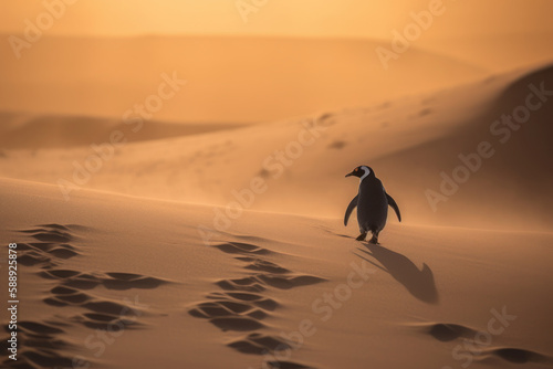 The penguin walking in the desert,looking for water and food, the heatwave caused by climate change has left the penguin without habitat,Generative AI