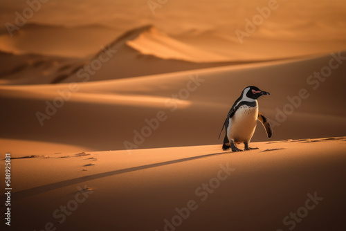 The penguin walking in the desert looking for water and food  a metaphor for the loneliness and helplessness of animals in the face of climate change and global warming Generative AI