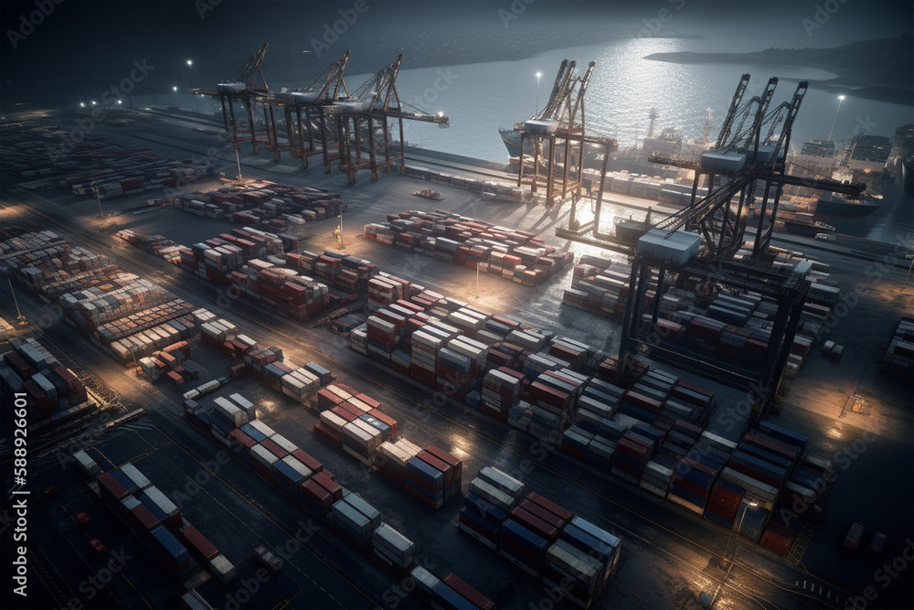 A large port dock photo, with many containers