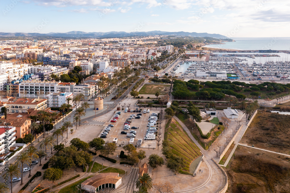 Panoramic view of the city center and sea port at Vilanova i la Geltru, province of Barcelona, Catalonia, Spain