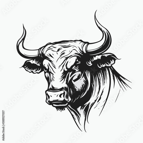 Angry head face mascot of bull buffalo portrait. black white line art vector illustration