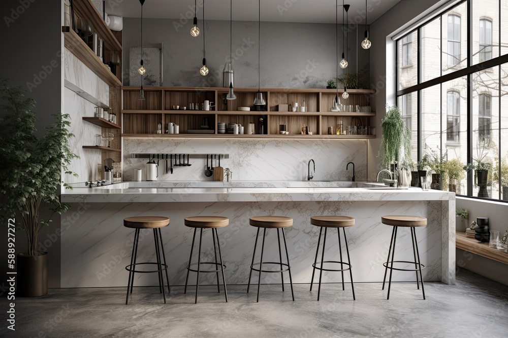 Interior of a marble bar kitchen including loft windows, gray walls, and gray worktops. Image of a comfortable home. a mockup. Generative AI
