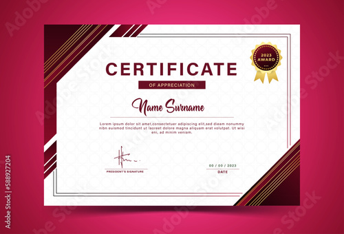 Award certificate template. fancy red color gradation, with gold outline. line pattern, blank award design. Vector Illustration