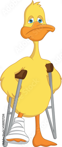 cartoon duck with broken leg and using crutches