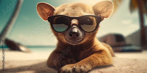 Very Cute Adorable Kinkajou In Sunglasses Enjoys The Sun On Beach Generative Ai Digital Illustration Part#050423