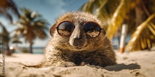 Very Cute Adorable Kiwi In Sunglasses Enjoys The Sun On Beach Generative Ai Digital Illustration Part 050423 © Cool Patterns