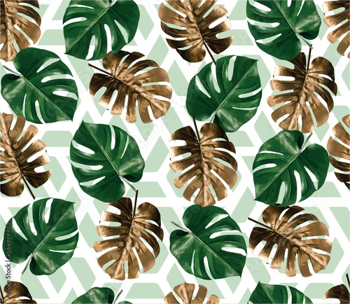 seamless pattern with leaves green and gold