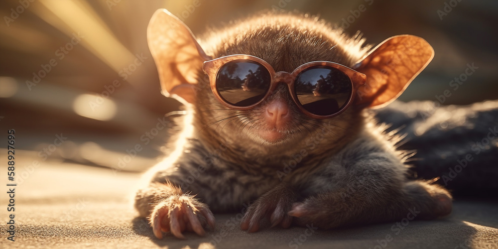 Very Cute Adorable Tarsier In Sunglasses Enjoys The Sun On Beach Generative Ai Digital Illustration Part#050423