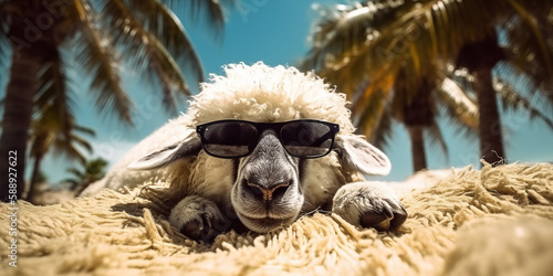 Very Cute Adorable sheep In Sunglasses Enjoys The Sun On Beach Generative Ai Digital Illustration Part#050423