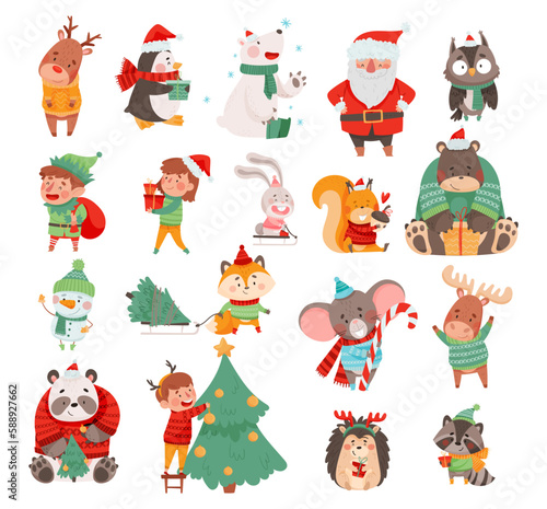 Christmas Characters with Animals Wearing Knitted Scarf and Sweater and Santa Claus Big Vector Set
