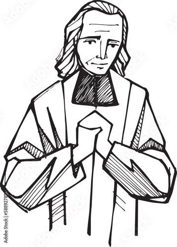 Hand drawn illustration of  St. John Vianney.Hand drawn illustration of photo