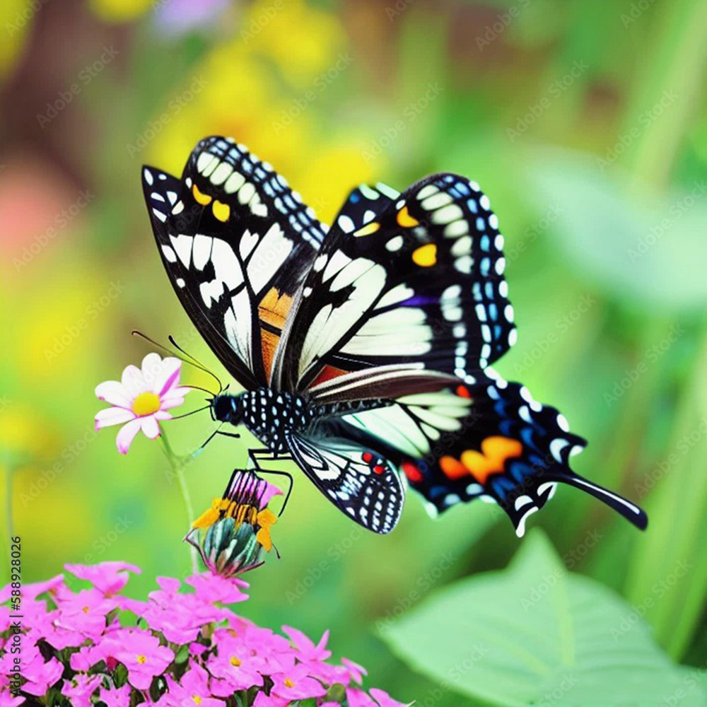 Papillon multicolore posé sur des fleurs Papillon multicolore posé sur des fleurs