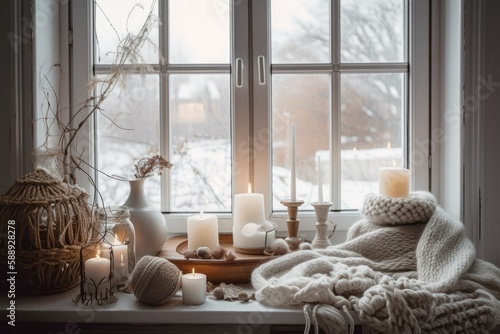 Wintery, springy background in white monochrome with candles on windowsill board, knitted scarf, dream catcher, and. Christmastime, tranquility, and relaxation at home. Generative AI