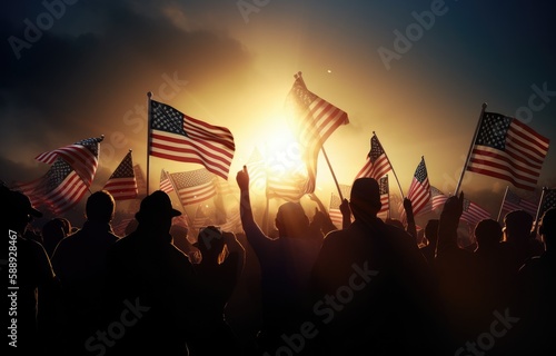 American flags are waving on stage with people silhouettes. Generative AI photo