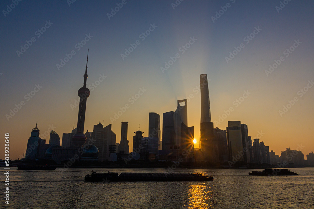 Sunrise view of Pudong in Shanghai skyline, China