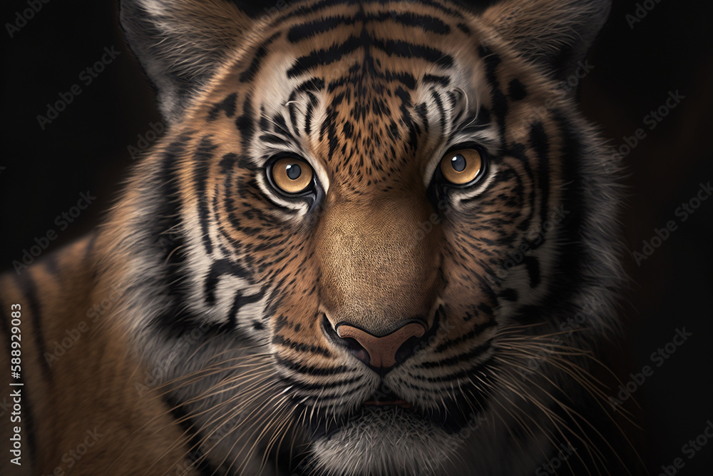 Fototapeta premium A close-up of the tiger's head, which fascinates with its majestic appearance and magnetism. This photo conveys the inner essence of the tiger, its dangerous beauty and natural magic