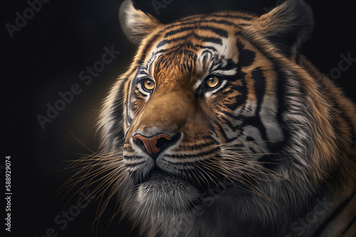 A close-up of the tiger's head, which fascinates with its majestic appearance and magnetism. This photo conveys the inner essence of the tiger, its dangerous beauty and natural magic