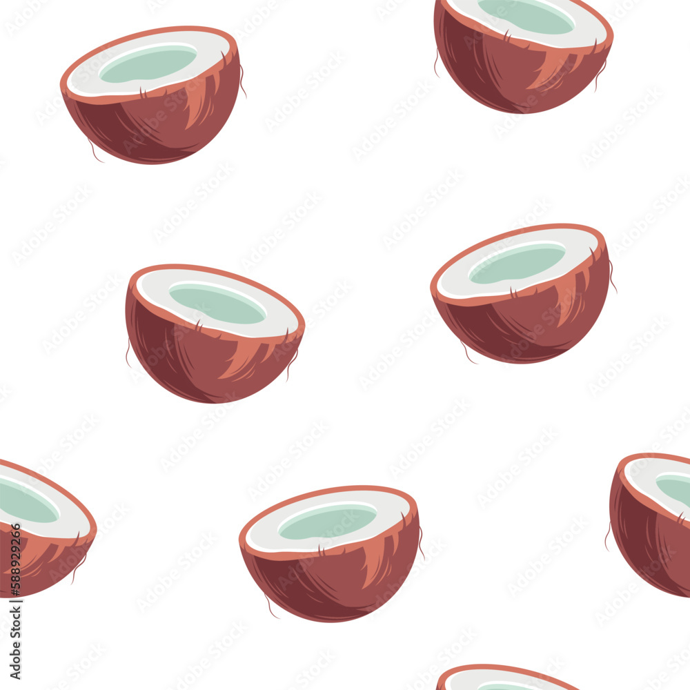 Seamless pattern with coconuts. Half a coconut. Summer and paradise