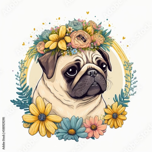 Pug Dog in Flower Crown and Floral Wreath Pet Illustration [Generative AI]
