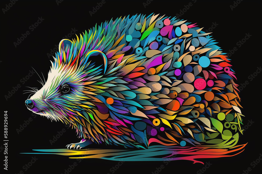Colorful Hedgehog Pop Art Vector Style Only Black Background Generative Ai Digital Illustration Part#040423
