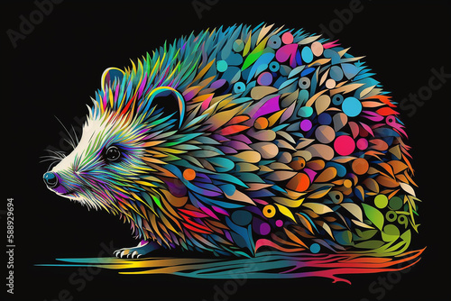 Colorful Hedgehog Pop Art Vector Style Only Black Background Generative Ai Digital Illustration Part 040423 © Cool Patterns