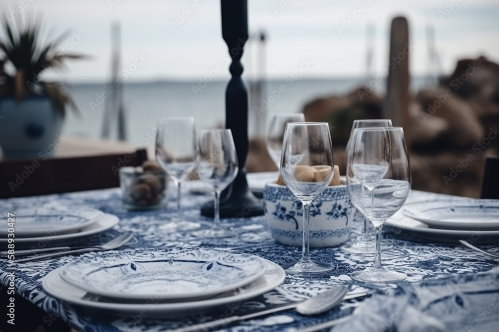 Table served blue and white in a restaurant with sea view. Generative AI