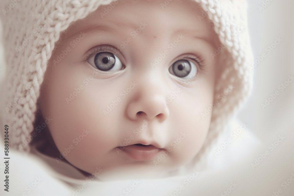 Cute sweet little baby closeup in knitted bonnet. Generative AI Cute sweet little baby closeup in knitted bonnet. Generative AI